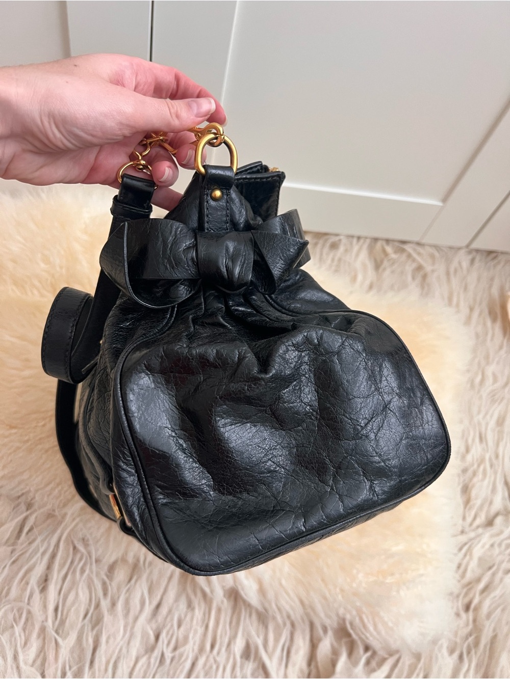 Miu Miu Vitello Lux Black Leather Side Ribbon Bow 2Way Shoulder Bag Archive Y2K - Picture 9 of 16